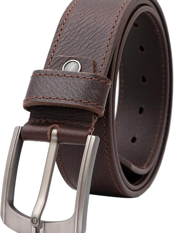 Wave Men's Genuine Leather Brown Belt With Silver Frame Style Buckle